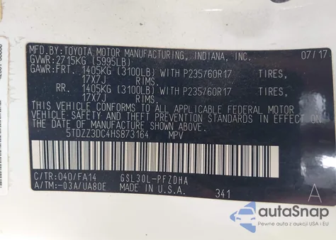 2017 Toyota Sienna L 7 Passenger z USA, uszkodzony, nr VIN 5TDZZ3DC4HS873164